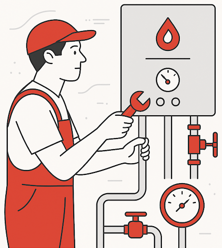 An infographic-style illustration of an HVAC technician in a red cap and overalls installing a boiler, using a wrench to adjust pipes and controls, with visible pressure gauges and valves.